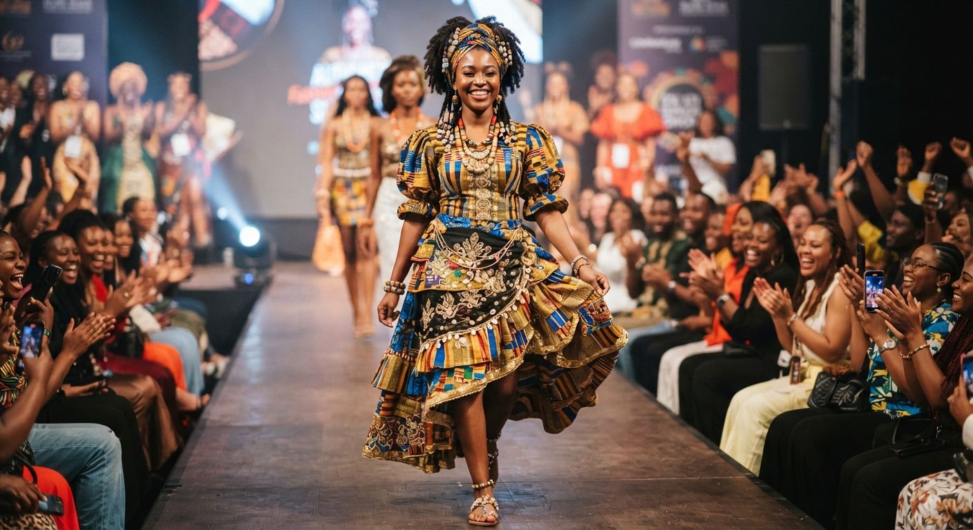 Vestido em kente com mangas bufantes, na passerelle